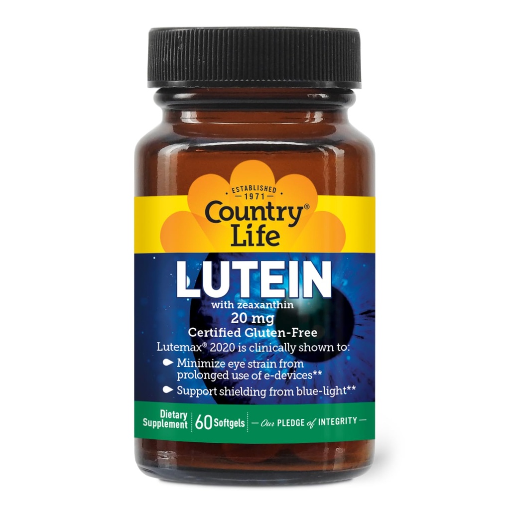 乡村生活Lutein 20 mg 补充 - 经认证的无糖胶 - 与Lutein和Zeaxanthin的眼部健康支持 - 从屏幕中减少眼部施特林 - 无酵母,玉米,小麦,牛奶 - 60软胶