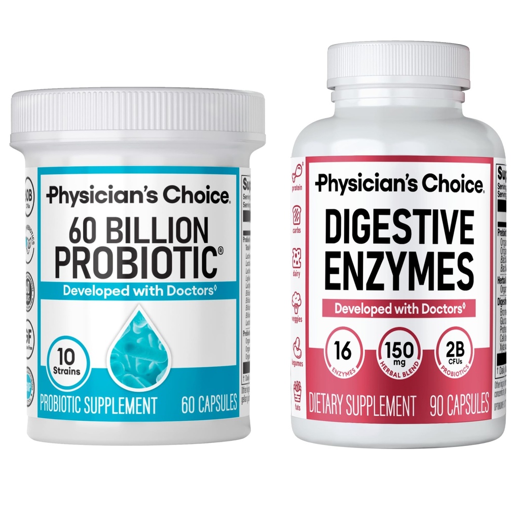 物理学家的CHOICE - 最佳古特健康包厢:60亿Probiotic 60ct + 消化酶 90ct 用于消化舒适和免疫支持