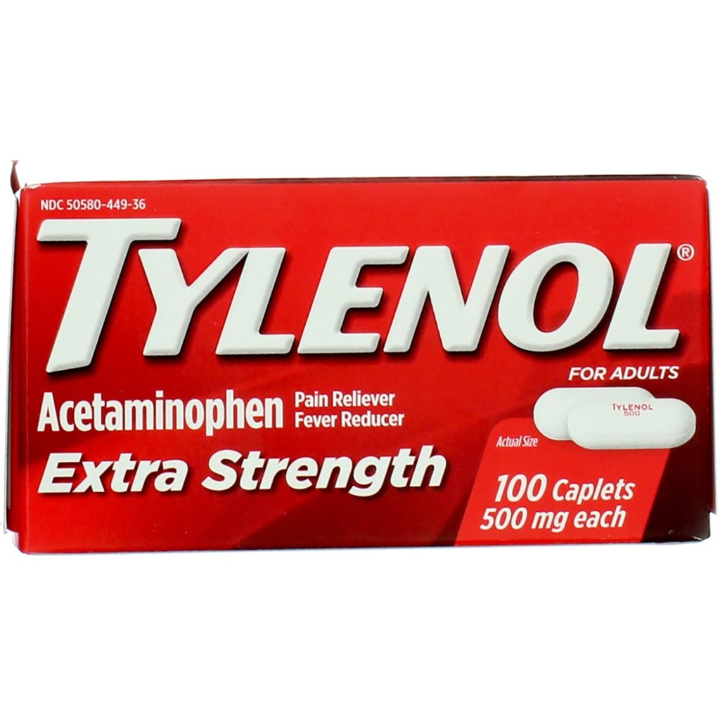 Tylenool Extrastruction Caplets 配有500毫克乙酰氨基苯、Pain Reliver 和 Fever 降温剂,100厘米