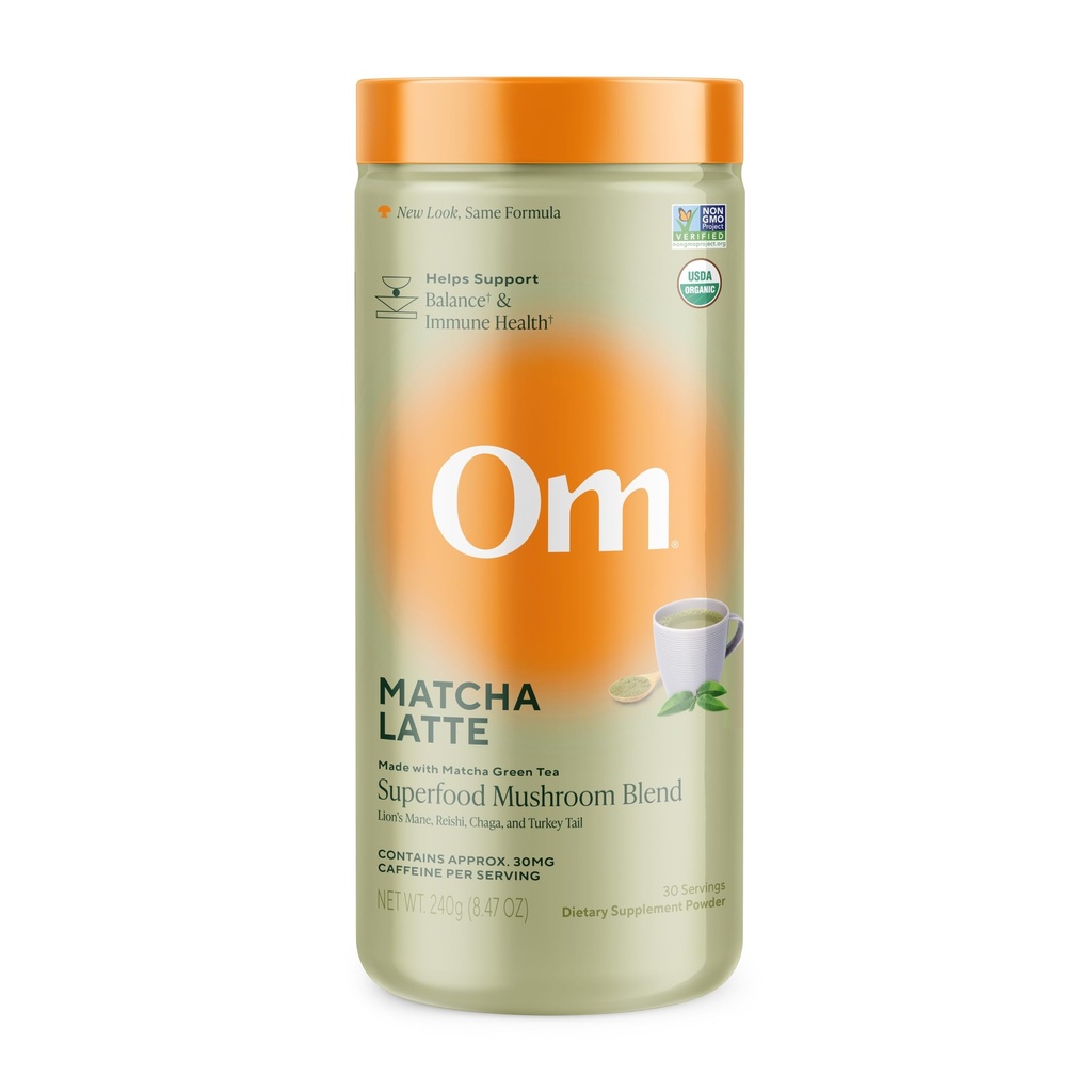 OM MUSHROOM SUPERFOOD Matcha Latte Blend – Green Tea Mushroom Powder with Lion’s Mane, Reishi, Chaga & Turkey Tail – Focus, Calm & Stress Support – 8.47 oz Canister (30 Servings)