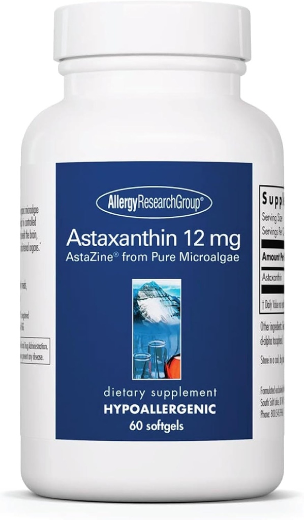 过敏性研究小组 Astaxanthin 12mg 补充 - 来自有机微藻、眼部健康、AstaZine Astaxanthin、天然抗氧化剂、皮肤健康、脑功能支持、软胶 - 60 Counter