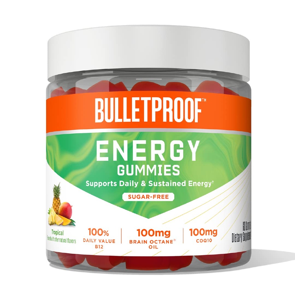 防弹无糖热带能源 Gummys, 60 Counter, Daily and Sustainable Energy 以 100 mg CoQ10为补充, Daily value of B12, 100 mg Brain Octane Oil