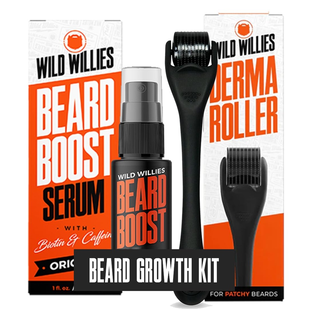 Wild Willis Beard Growth Kit - Premium Derma Roller & Beard Boost Serum - Microned roller & Beard hair Growth Serum 配有 Biotin & Cafeine 配有 Fuller Beard, Scalp Care - 易用 Kit 配有 Case 的缩写