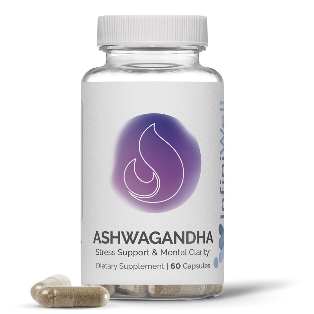 InfiniWell Ashwagandha 补编 - 配有 Shoden Ashwagandha 根的草药补编 - 促进精神清晰、激素平衡、每日放松和肌肉恢复(60 Capsules)