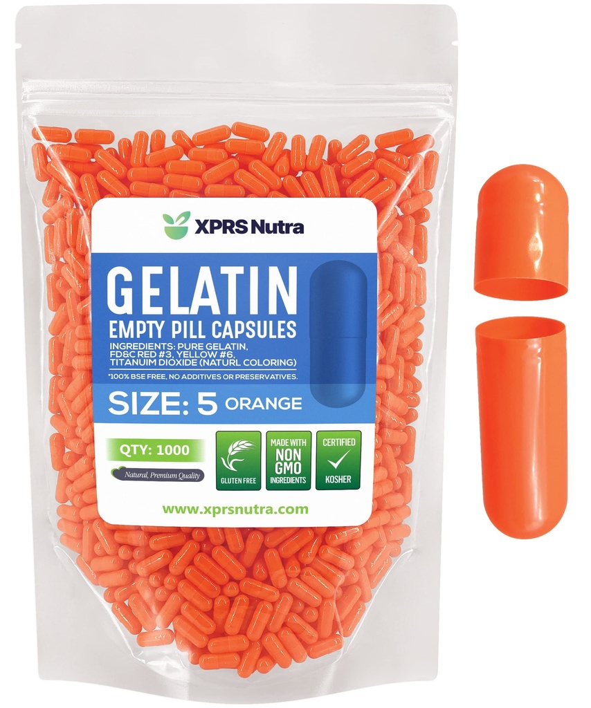 XPRS Nutra Size 5 Empty Capsules - 1000 Count Very Small Empty Gelatin Capsules - Pills DIY Capsule Filling - Fillable Pill Gel Caps for Do-It-Yourself Vitamin Supplements (Orange)