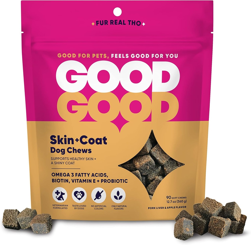 Good Good Skin + Coat Dog 补充品; 支持健康皮肤和一款闪亮的外套; 用Omega-3脂肪酸和维生素E的可口软糖; Probiotics; 90 Natural Flavor Chews