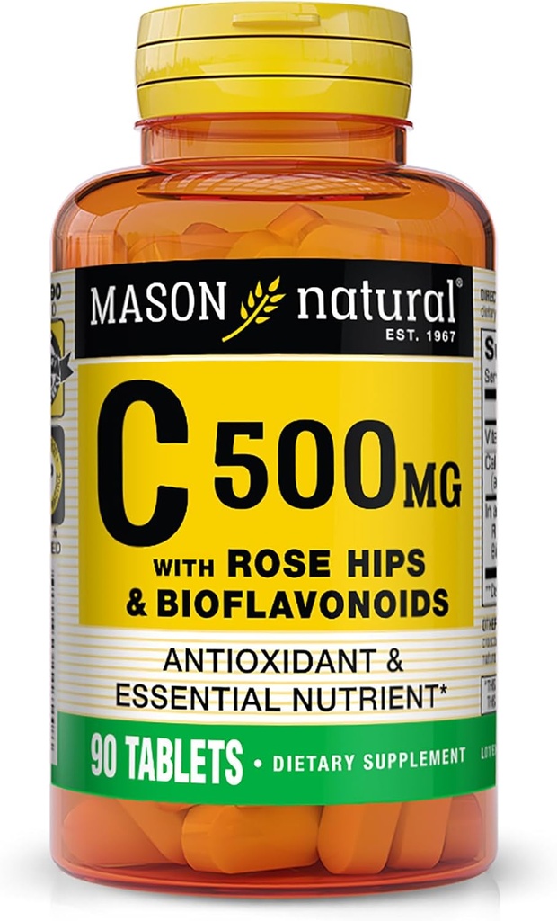MASON 天然维生素C 500毫克,配有Rose HIPS和Bioflavoids、免疫支持和抗氧化剂公式,90片