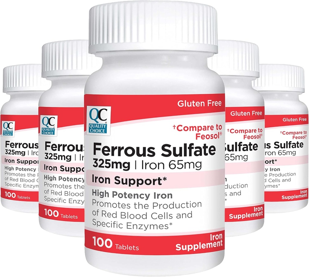 质量选择 铁 65 mg(325 mg Ferrous Sulfate) 高概率铁支持100 Counter Bottles (5 Pack) 辅助片.