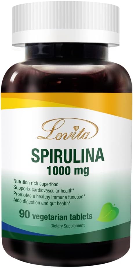 Lovita 有机螺旋藻每片1000毫克,天然多维特敏超食品,100% Vegan 螺旋藻片,无辐照,90个植物片