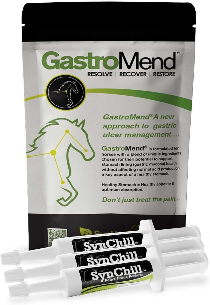 SynChill 3 Pack + GastroMend Bundle for Horses - 综合胃健康与行为支持,胃溃疡救治中的艾滋病,促进冷静与焦点,一切自然,成本有效