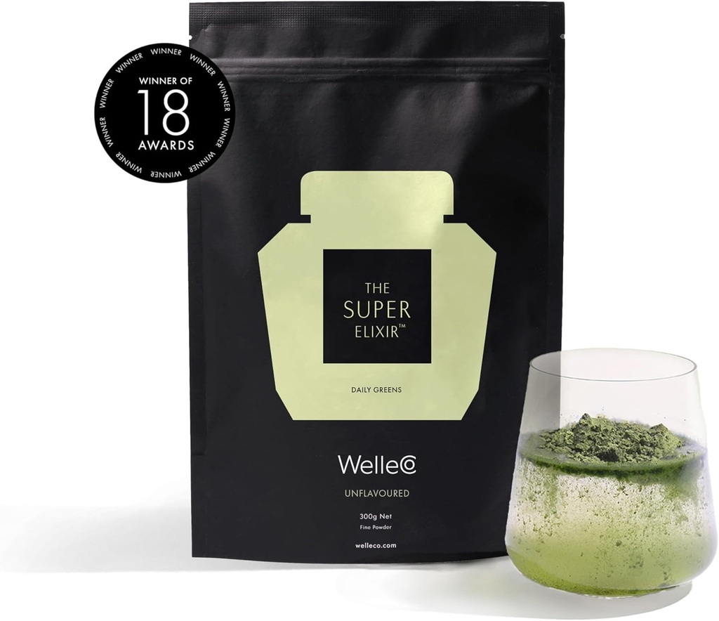 WelleCo The Super Elixir Daily Greens Powder, Probiotic Drink 混合全食, Gluten Free, Vegen Gut Health Powder, Energy, 豁免,健康皮肤, 头发和钉子(300g, 不受欢迎)