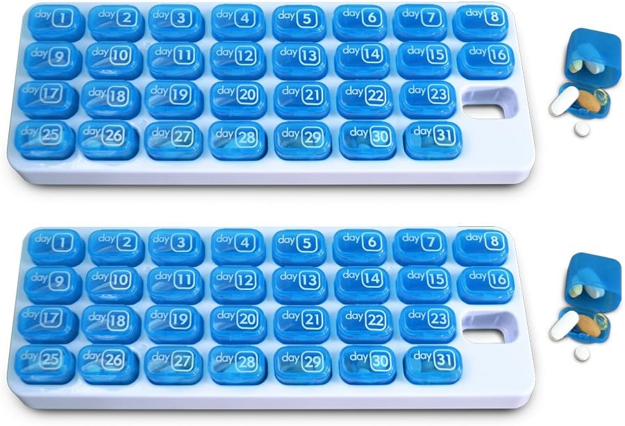 31日药丸月度组织者,配有Pop Out Pocket Pill Pods和供维生素、补充品、家用、工作或旅行用的存储托盘 - 2包蓝色