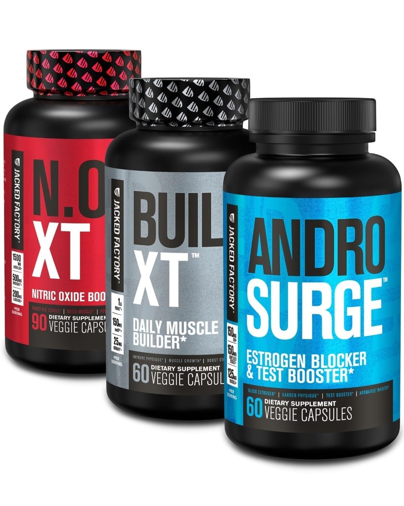 Jacked Factory N.O.XT Nitric Oxide 补充, Build-XT 肌肉构建器, & Androsurge 雌激素阻塞器用于男性