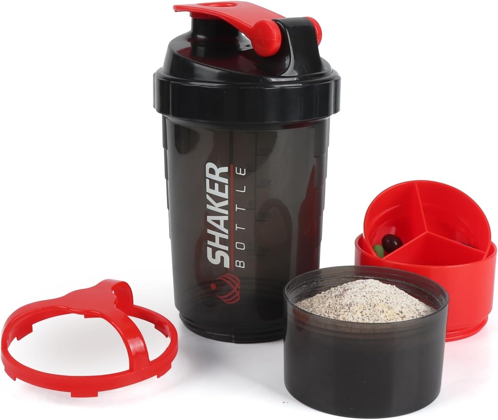摇摆瓶,16oz 蛋白质摇摆瓶与混合球,3 in 1 防漏 GYM 摇摆杯与粉末存储 & Pill 托盘,理想为工作,BPA Free(红色)