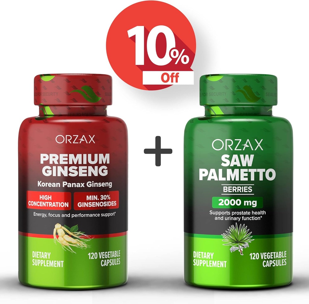 ORZAX Ginseng, 30% Ginsenosides 120 Vegable Capsules和Saw Palmetto 2000毫克 120 蔬菜 Capsules, Bundle