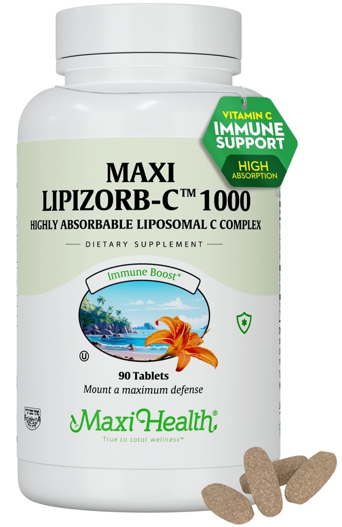 Maxi Health Liposomal 维生素C 1000mg 含有消化剂的平板,高吸附剂高剂量维生素C,非转基因生物 Kosher 植物学博士-拟型免疫支持补充剂(90个计数)