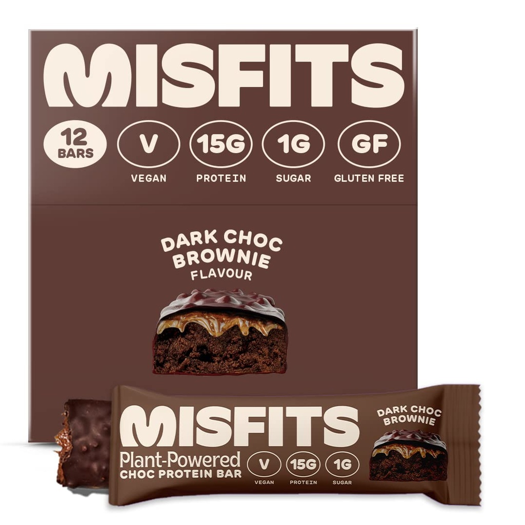 Misfit Vegan蛋白棒, 暗巧克力布朗尼 - 原始食谱 QQ Gluten Free, Plant based, Low Sugar & Carb, High Fiber Snacks QX 12 包装