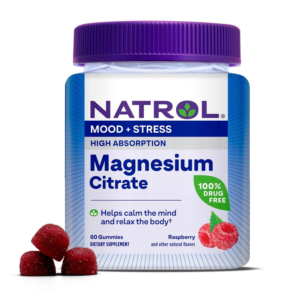Natrol Magnesium Citrate, 高吸附性磁性增殖剂, 用于摩德和压力, 帮助冷静心灵和放松身体, 60 Raspberry-Flavory Gummys, 最多30天的供应量