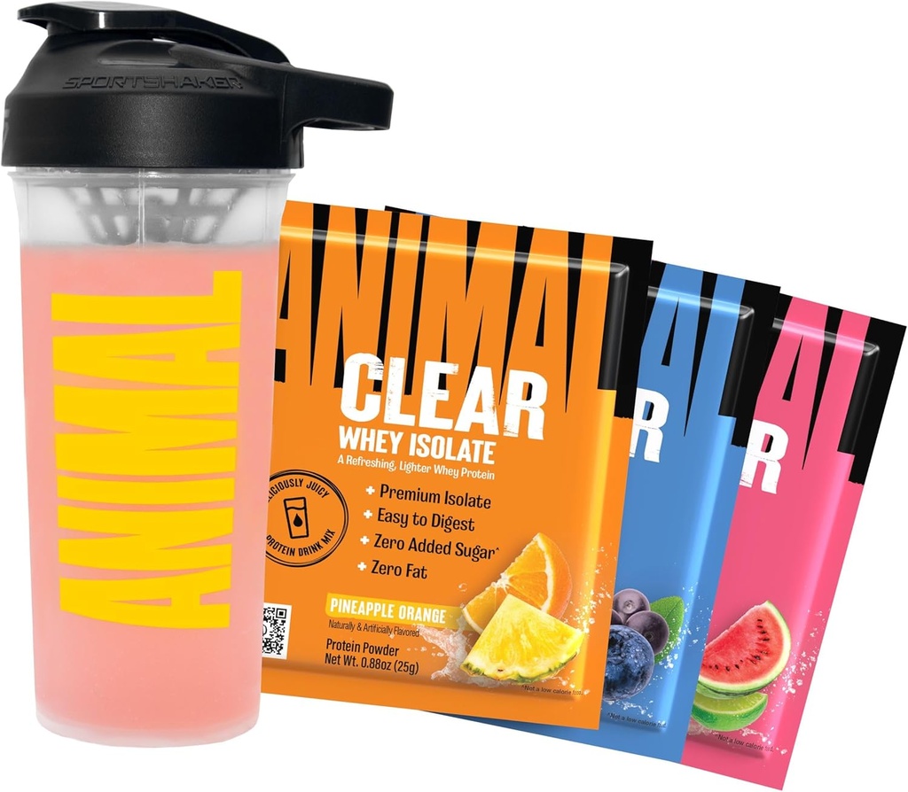 动物清水蛋白隔热试样器 Pack & Shaker Bottle - 美味的Juicy 20g蛋白,西瓜Limeade,蓝莓Acai,菠萝橙,3个单服务包