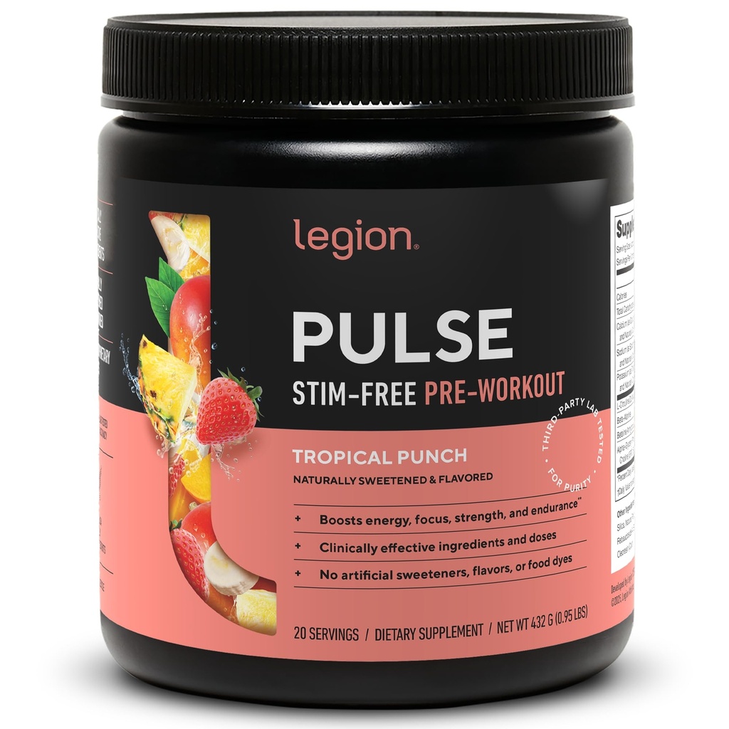 LEGION Pulse Pre Workout 补充 - 所有天然硝氧氧化物预处理饮料到靴状能量,Creatine自由,自然甜化,Beta Alanine,Citrulline,Alpha GPC(咖啡因自由热带冲刺)