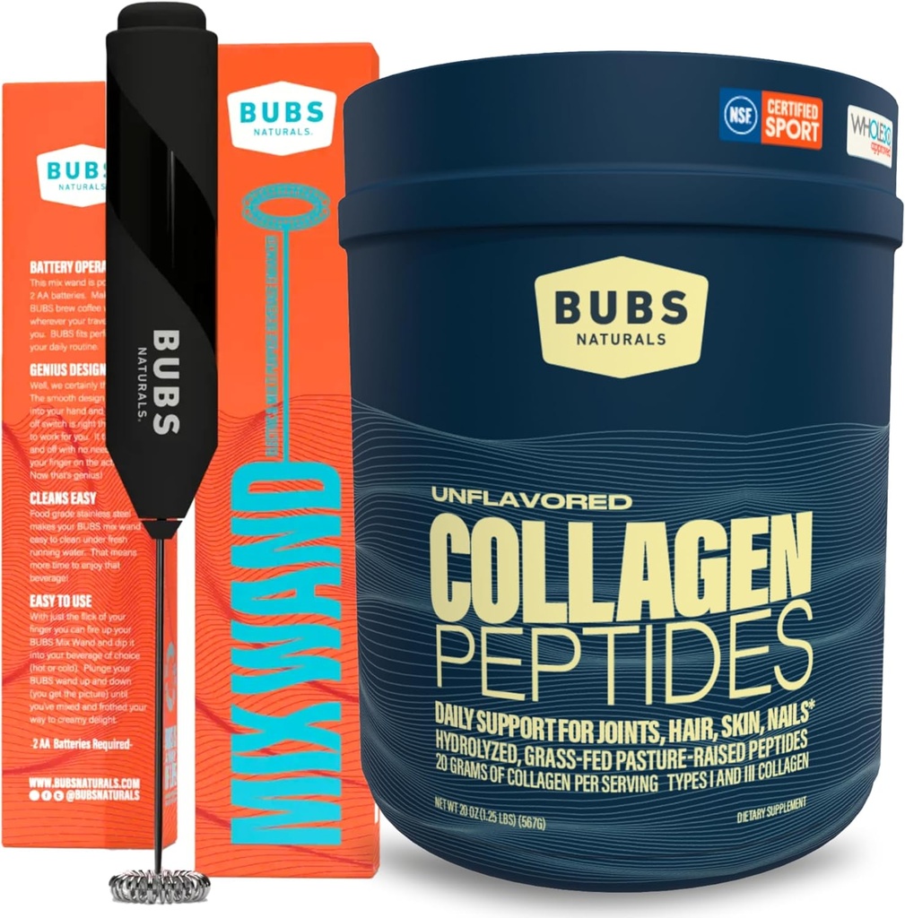 BUBS Naturals Collagen Peptides Powder & Mixing Wand Bundle, Collagen for Women & Men, Hydrolyzed Peptides, Unflavored Pasture Raised Grass Fed, Keto Friendly, 20 oz Collagen Tub (28 Servings) +1 Wand