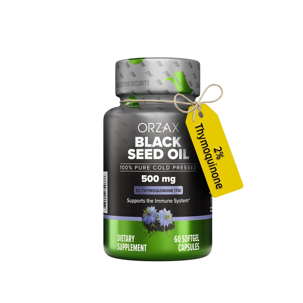 ORZAX 黑种子油冷压100% 纯 |  Non 非 GMO - 富于Omega 3 6 9 & Thymoquinone | 黑色 Cumin Nigela Sativa 油 用于免疫支持,发型,皮肤,面部(500 mg - 60软胶盖)
