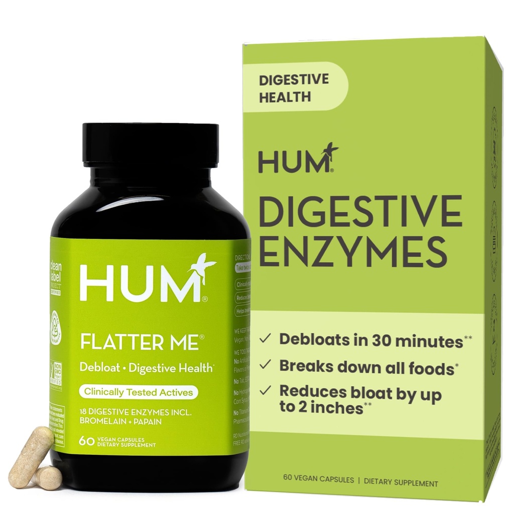 HUM Flatter Me Digestive Enzymes for Women & Menguage, 与姜和辣椒薄荷叶(Ginger & Peppermint Leaf)的消化健康团补充, 快速代理 Anti Bloat Pills 多酶 for Debloating, Vegan, 60 Capsules