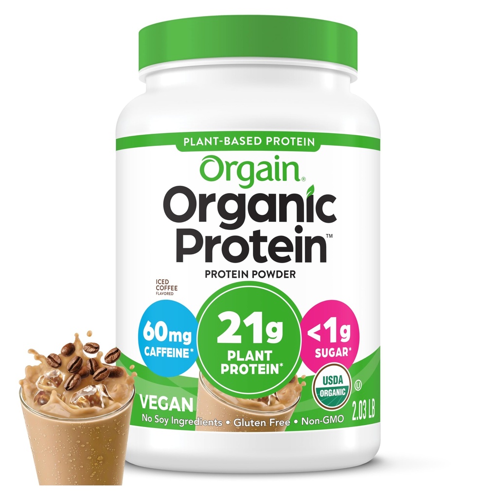 Orgain 有机维冈蛋白粉 冰咖啡 - 21g 植物蛋白,60mg 咖啡因,低净碳,无乳糖成份,无添加糖,非GMO,用于摇晃和滑动,2.03磅