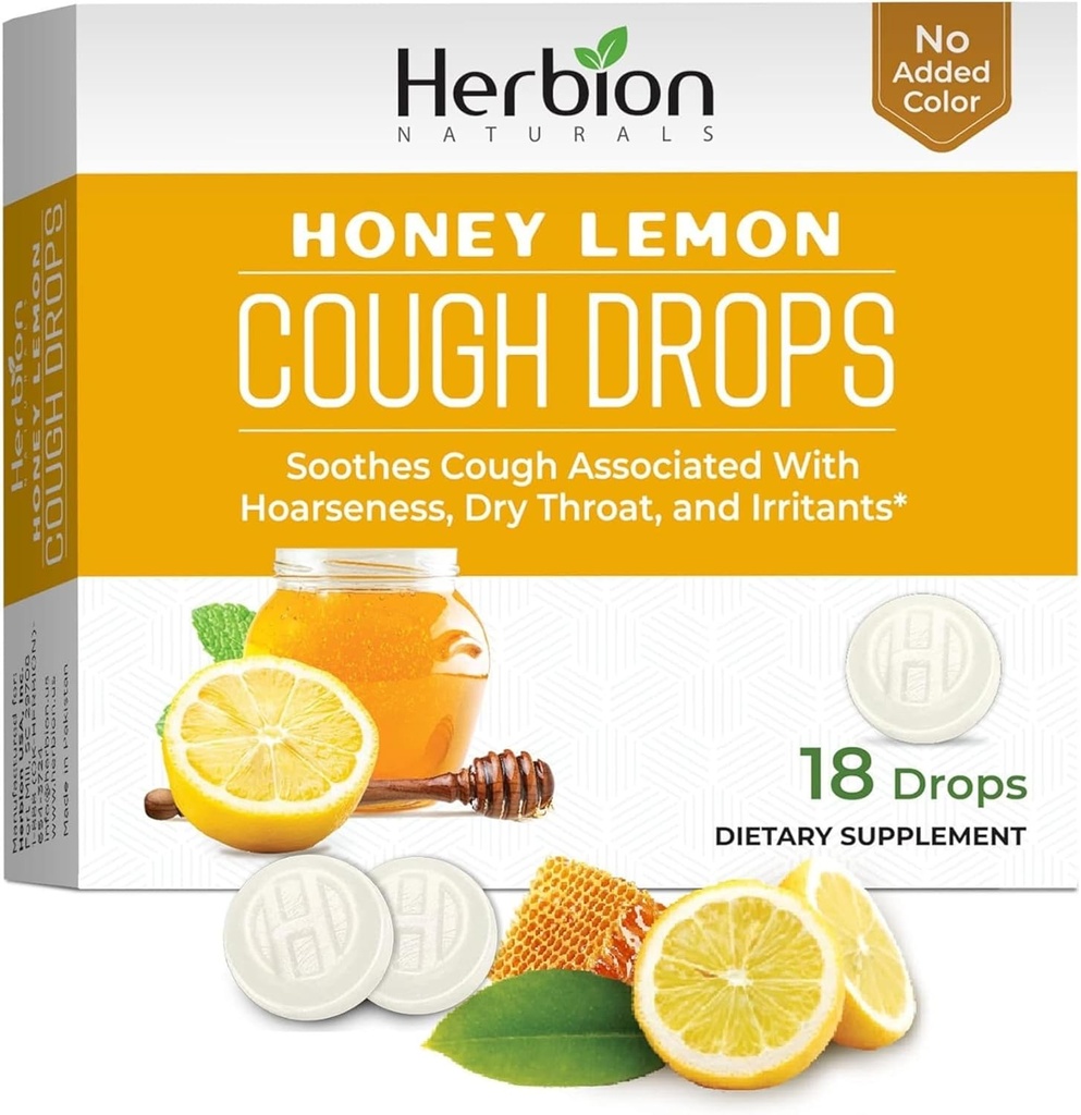 HERBION Naturals Cough Drops,饮食补充,Soothes Cough,供6岁以上的成人和儿童使用,无人工火焰,无添加色(18个计数(一包),蜂蜜柠檬)