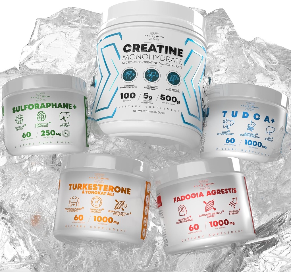 Bundle - Turkesterone & Tongkat Ali + Fadogia Agrestis + Creatine + Sulforapane + TUDCA - Boost Stamina,肌肉生长,肝脏健康,认知功能和解毒 - 在美国制造