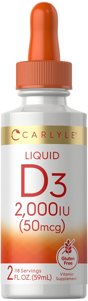 卡莱尔液体维生素D3 → 2000 IU → 2 oz → Vegetarian, Non-GMO, 和 Gluten 自由公式 → 50 mcg → 成人维生素D 液体滴