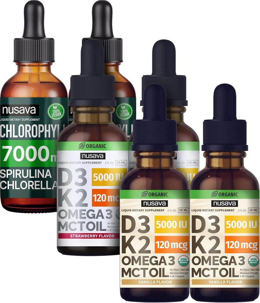 NUSAVA 草莓火焰 D3 K2 滴液,香草火焰 D3 K2 滴液, & Chlorophyll Liquid Dropdle – 用于心脏,联合,能量,和免疫支持 - 非GMO, Gluten-Free, 2pk