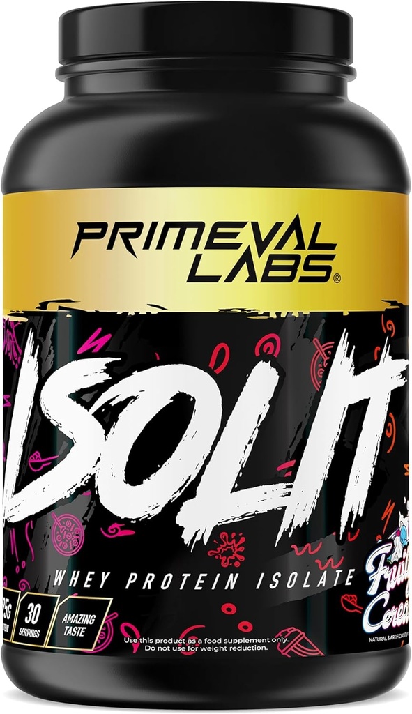 Primeval Labs ISOLIT - Whey蛋白粉,100%Whey Isolate,25g of 蛋白质,BCAAs,快速吸附,轻松消化(Fruity Cereal, 2lb)