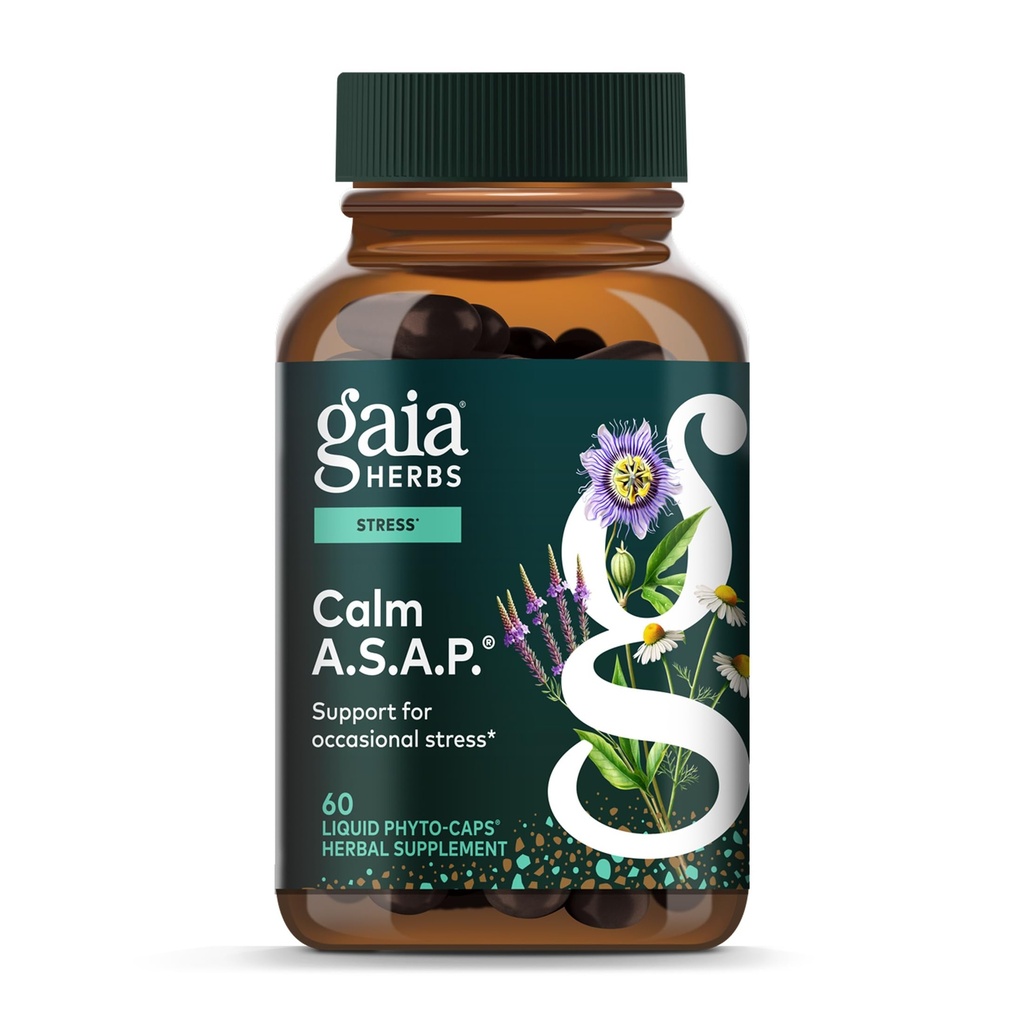 Gaia Herbs Calm A.S.A.A.P.压力支持补编 - 配有 Skullcap, Passionflower, Chamomile, Vervain, Holy Basil & More 支持自然平静 - 60 Vegan Liquid Phyto-Capsules (20日供应)