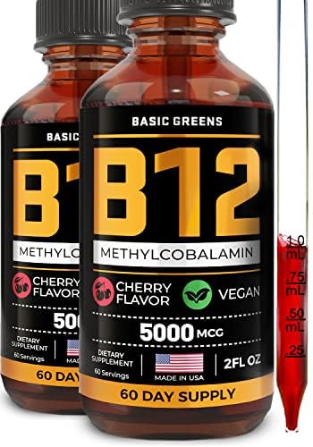 维生素B12 亚语液体滴水量 5000 mcg – Vegan Methy B-12 能量和焦点补充 – B 12 男女维生素 – 快速吸收 甲基Cobalamin – 120 服务 – 4 fl oz