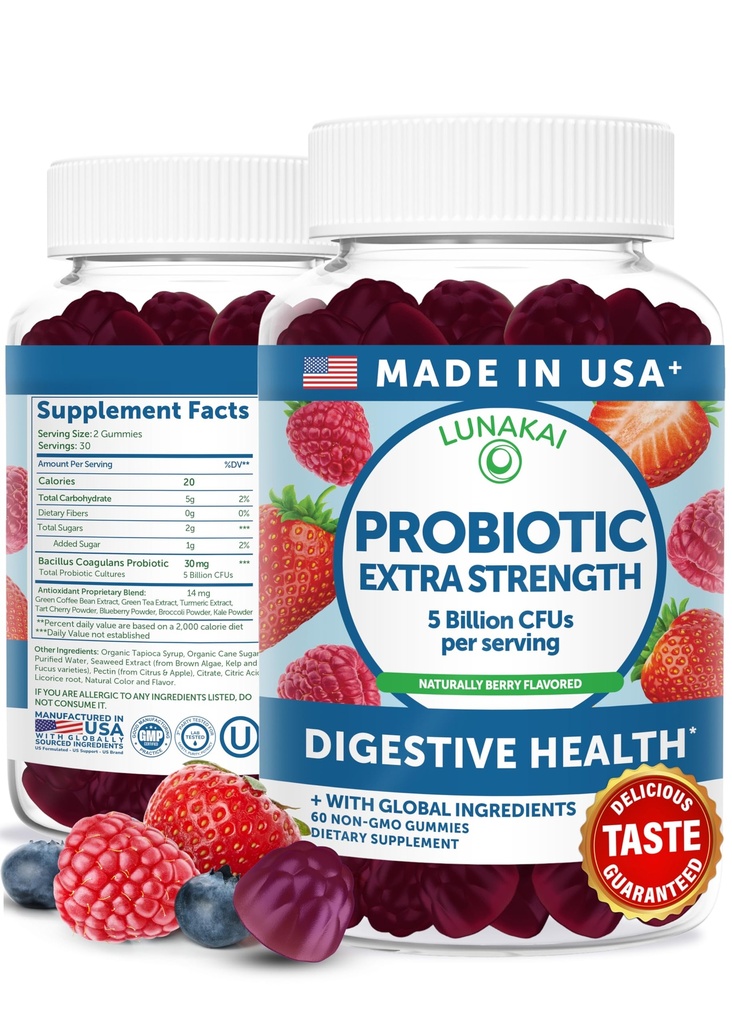 Lunakai USA Probiotic Gummys - 5亿CFUs, Vegan, Non-GMO, Gluten-Free - 对女性和男性的消化和免疫支持 - 60 Chewable Gummys