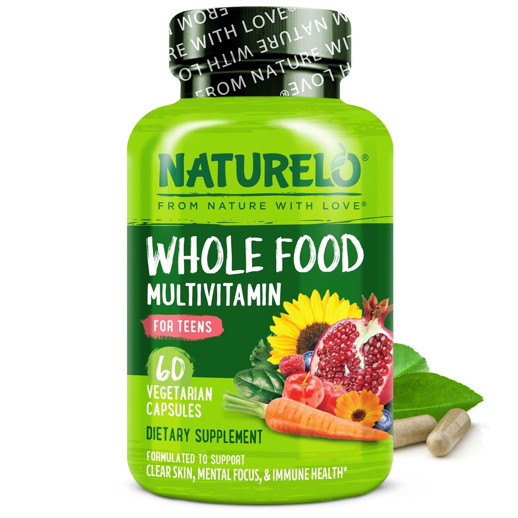 NATURELO 少女/男孩多维塔明、60个卡普尔、全食多维塔明和矿物、非GMO、蔬菜