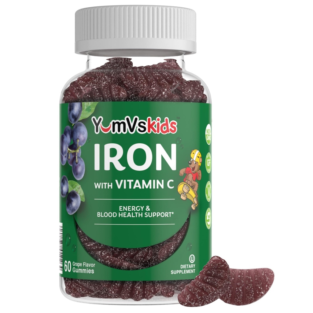 儿童铁补品 – 5 mg 维生素C的Gummys – Great-Tasting Gummys Grape Flavor – 支持Immune健康与帮助缺铁 – Vegan, Kosher, Non-GMO – 60 Counter