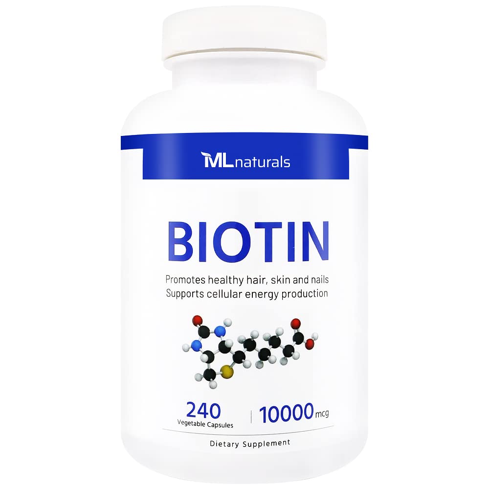 ML Naturals Biotin 10000 mcg 240 植物胶囊. 支持健康头发、皮肤、钉子和能源生产、NSF认证和cGMP-Compliant