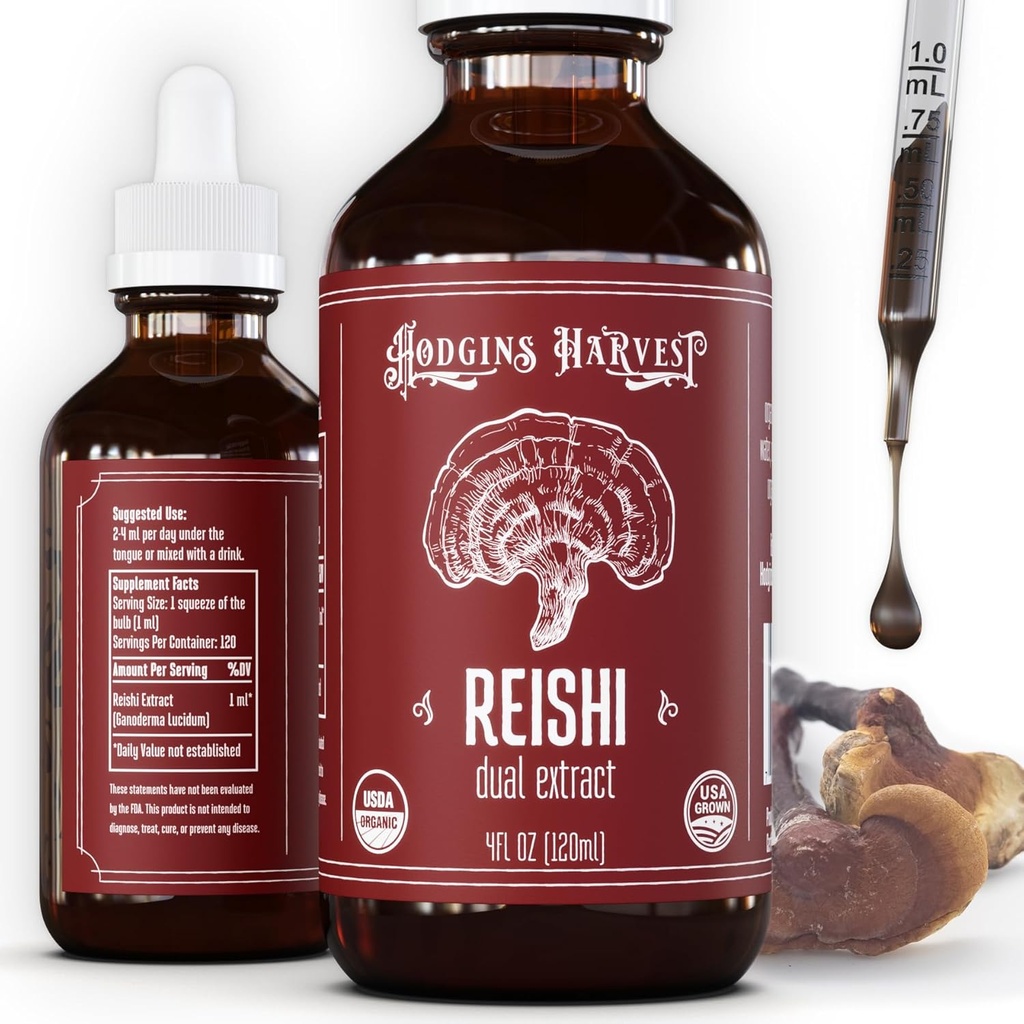 Hodgins 收获有机Reishi 蘑菇 果实体提取图解 - 额外集中的双提取补充 - 支持心脏健康与健康 - USDA 有机蘑菇 - 4 oz