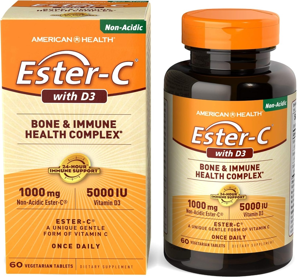 美国健康EsterC配有D3 Bone Immune 复杂蔬菜片 24Hour Immune 支持1000 mg EsterC 5000 IU 维生素 D3 NonAcidic 维生素C 服务,60个计数