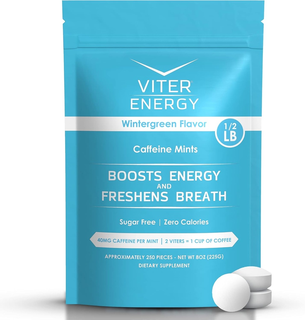 Viter Energy 40mg Cafeine Mints - 无糖, B 维生素, Vegan, Boosts 快速能量警报聚焦, 咖啡因诺热带补充药丸(Wintergreen Flavor, 8oz, Bulk Bag)