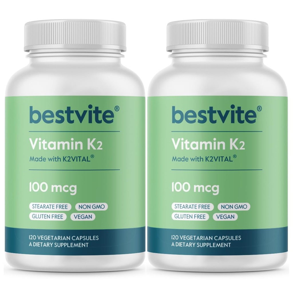 BESTVITE 维生素 K2 100 mcg as MK-7 (240 蔬菜卡普尔(120x2)) - 无 Stearates - Vegan - 非转基因 - Gluten Free