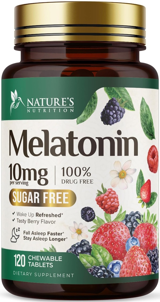 Melatonin 10 mg 快溶液,Melatonin 休息补充剂,成人自然睡眠支持补充剂,超强草莓味片,无糖,120片,120天供应