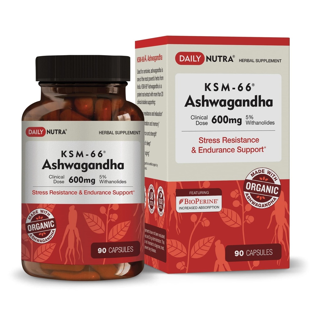 DailyNutra KSM-66 Ashwagandha 600mg 有机根提取法 -- -- 具有5%Withanolides的高潜力补充剂 -- -- 缓解疲劳、支持放松、聚焦、能源、肌肉生长(90卡普尔)