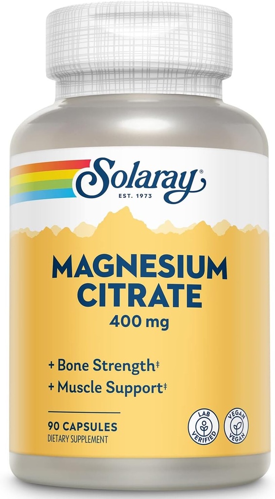 Solaray Magnesium Citrate - Pure Magnesium Citrate Capsules, Calm的补充,骨质健康,细胞能量,心脏和肌肉支持,400mg Perference - 90 Vegan Capsules (Pack of 2).