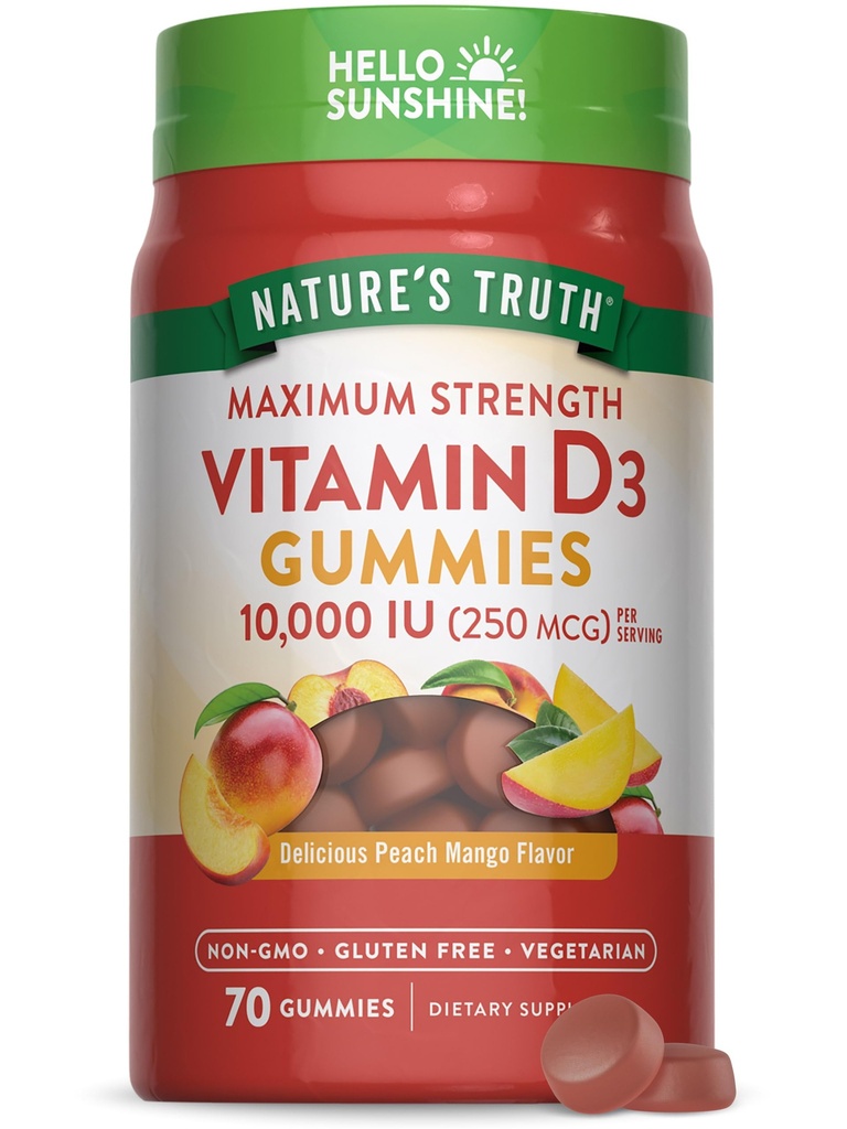 大自然的真理维他命D3 Gummys | 1000 IU | 70 Counter | Peach Mango Flavor | Vegetarian, Non-GMO & Gluten Free Supplement 互联网档案馆的存檔,存档日期2013-12-20.