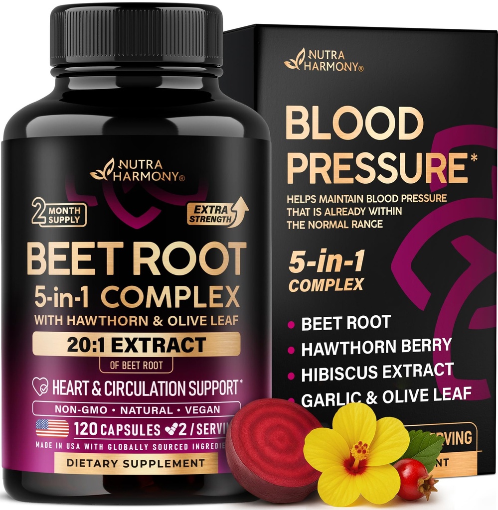 Beet Root Capsules - 健康血压支持补充** 心脏和循环支持 - 配音:Hawthorn Berry, Hibiscus & Garlic - Nitric Oxide for Energy - 在美国制造,120 Capsules