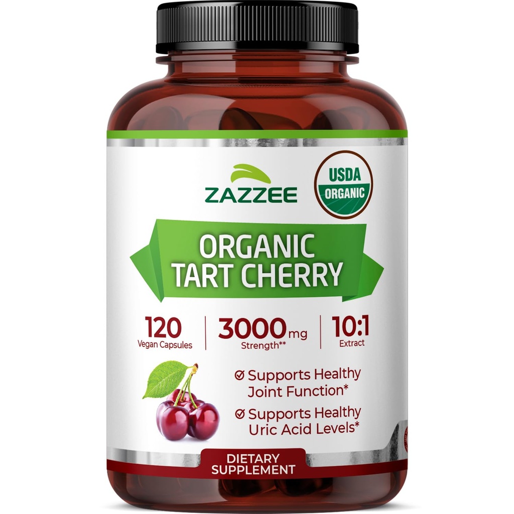 Zazzzee USDA Organical Tart Cherry 10:1 提取,3000 mg 强度,120 Vegan Capsules,4个月供应,标准化,集中10X 提取,100%蔬菜,认证有机,全自然和非GMO