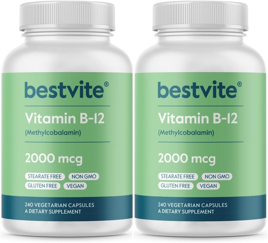 BESTVITE 维生素B12(甲基乙醇) 2000mcg(480种植物卡普尔(2×240)(甲基乙醇B12) - 无 Stearates - Vegan - 非 GMO - Gluten Free